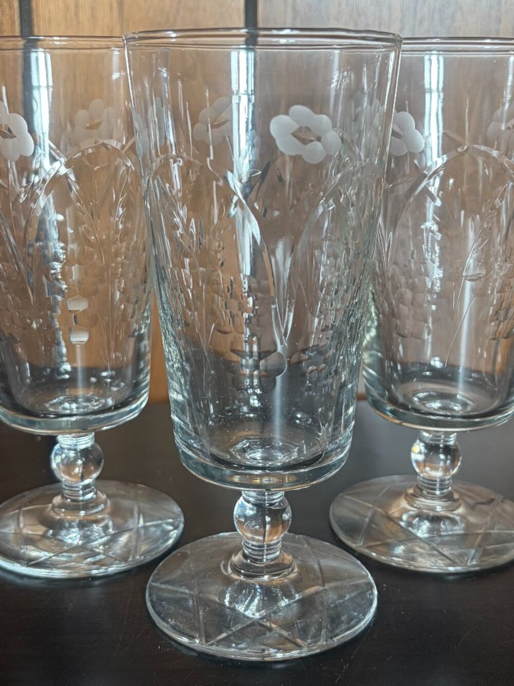 Libbey Rock Sharpe #3006 Iced Tea Glasses 6.5" Short Ball Stem Floral Set of 3